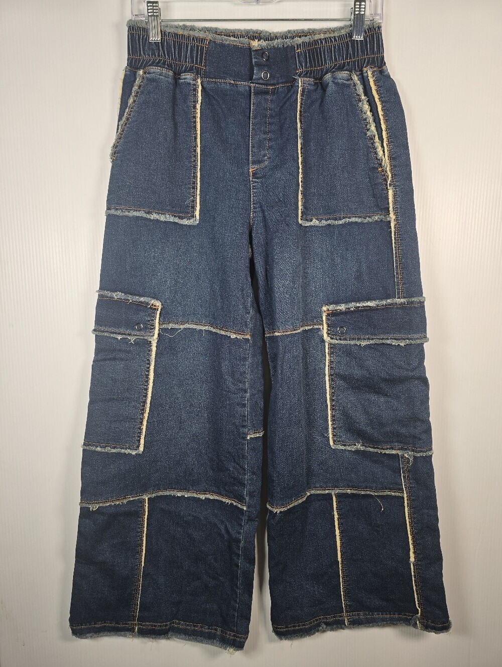 Tractr Women's Wide Leg Patchwork Stretch Denim Cargo Pants Dark Blue Size S